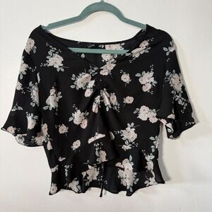 Express Black Floral Ruched Front Ruffle Sleeve Peplum Top Small